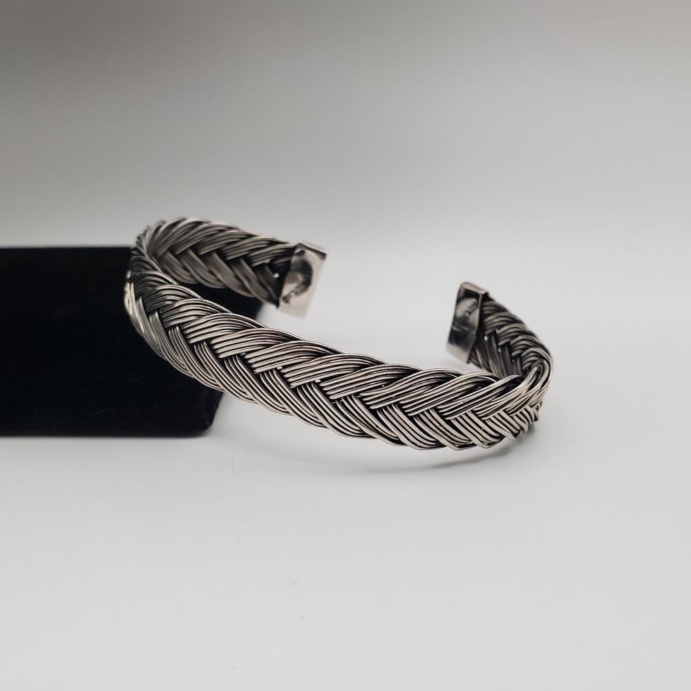 Vintage 925 Sterling Silver Dark Tone Wire Braided Design Cuff Bracelet